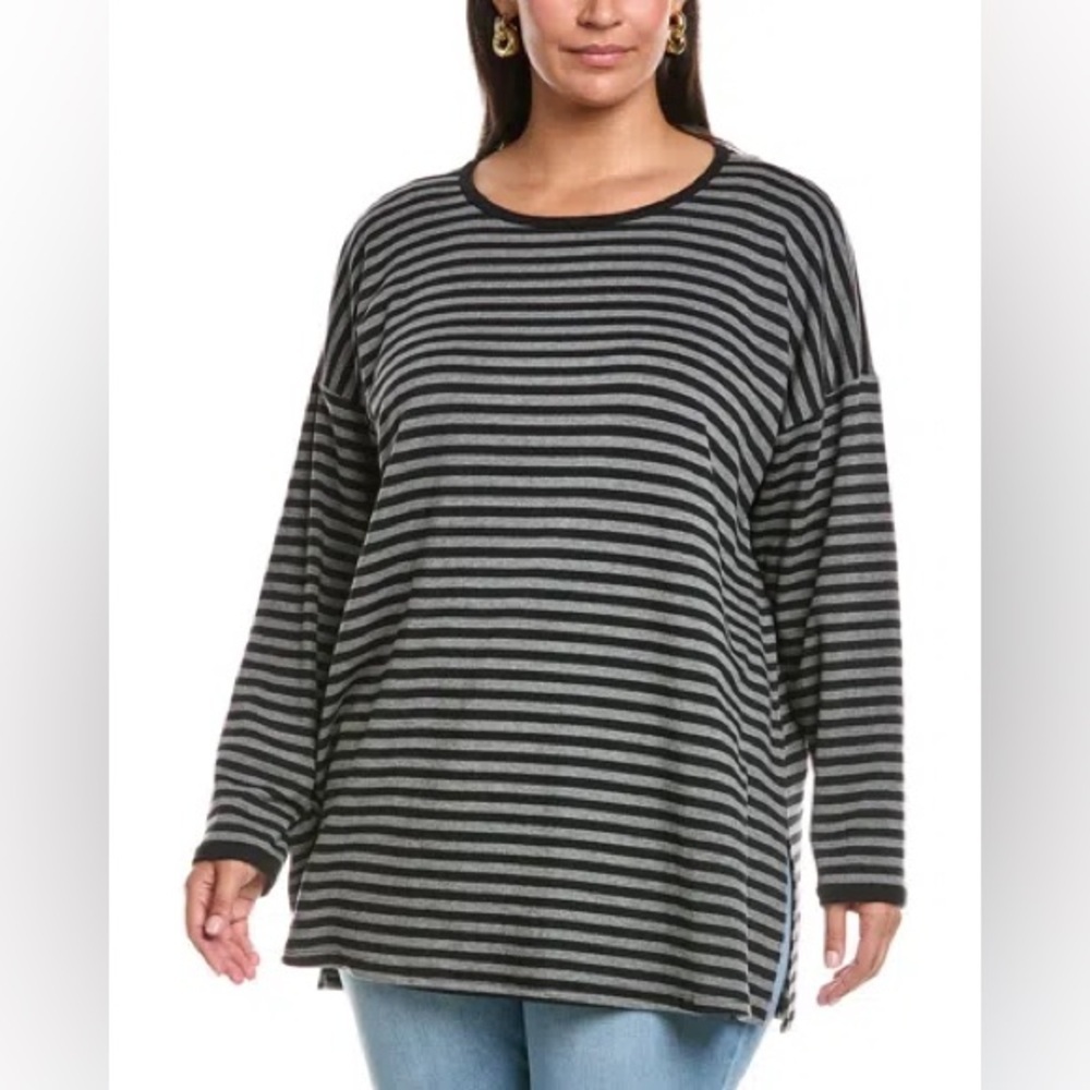 Eileen Fisher Striped Cozy Brushed Terry Long Sleeve Box Top NEW